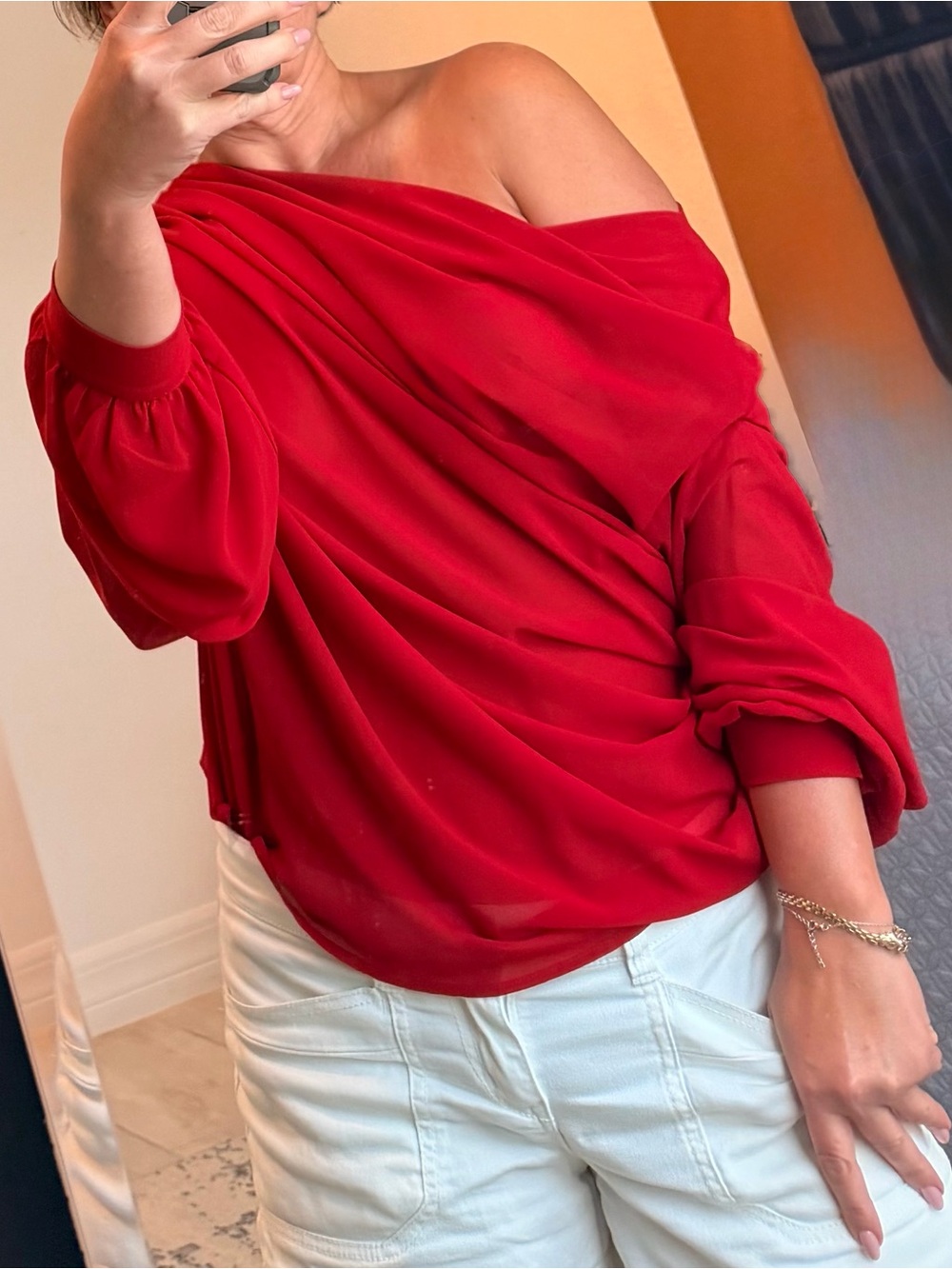 Commense Red Off-Shoulder Draped Blouse